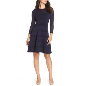 Vince Camuto Navy Blue Mixed Stitch Pointelle Knit Fit & Flare Dress Size L
